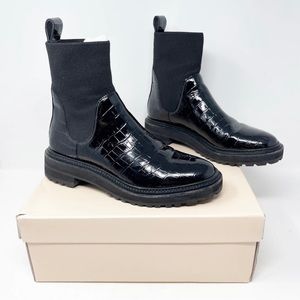 Loeffler Randall Bridget Black Croc Embossed Leather Chelsea Combat Boot size 8